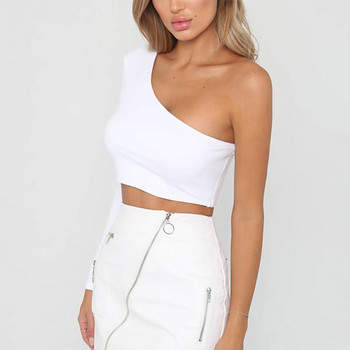 CDJLFH Sexy One Shoulder Crop Tshirt Γυναικείο μπλουζάκι με διαγώνιο γιακά με μακρυμάνικο μπλουζάκι Casual Basic Λευκό Slim Fit Bodycon μπλουζάκια