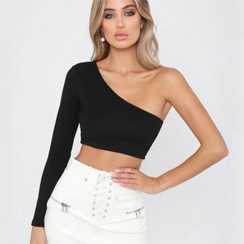 CDJLFH Sexy One Shoulder Crop Tshirt Γυναικείο μπλουζάκι με διαγώνιο γιακά με μακρυμάνικο μπλουζάκι Casual Basic Λευκό Slim Fit Bodycon μπλουζάκια