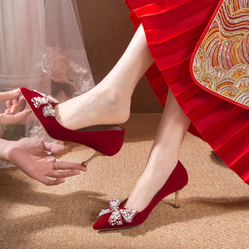 Rimocy Секси червени кадифени сватбени обувки за жени 2022 Луксозни перлени панделки с остри пръсти Помпи Дамски обувки на високи токчета