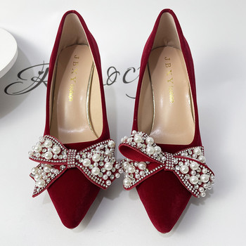 Rimocy Секси червени кадифени сватбени обувки за жени 2022 Луксозни перлени панделки с остри пръсти Помпи Дамски обувки на високи токчета