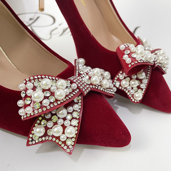 Rimocy σέξι κόκκινα βελούδινα γυναικεία παπούτσια γάμου 2022 Luxury Pearl Bowknot Pumps Woman Stiletto Φόρεμα με ψηλοτάκουνα παπούτσια
