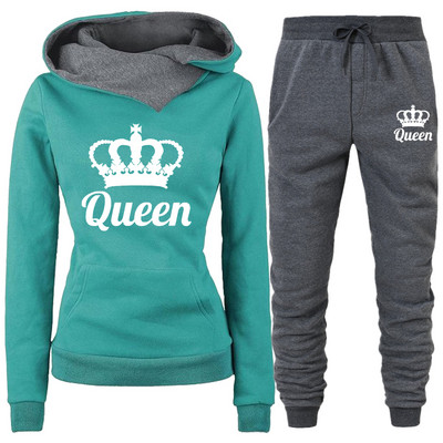 Proljetna ženska odjeća Dvodijelna trenirka s printom QUEEN Hoodies Kompleti za trčanje Ženske majice s flisom Trenirke
