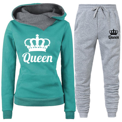 Proljetna ženska odjeća Dvodijelna trenirka s printom QUEEN Hoodies Kompleti za trčanje Ženske majice s flisom Trenirke