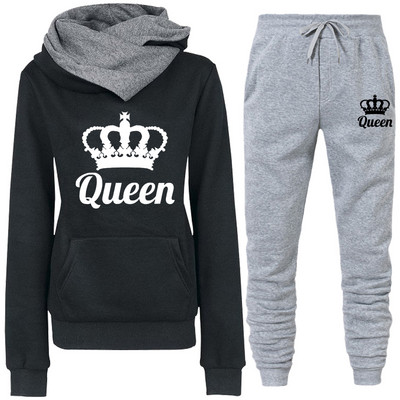 Proljetna ženska odjeća Dvodijelna trenirka s printom QUEEN Hoodies Kompleti za trčanje Ženske majice s flisom Trenirke