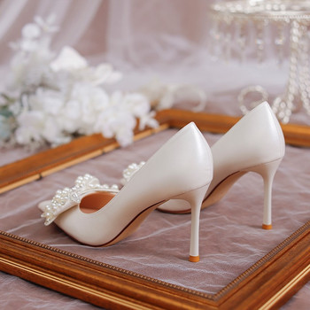 Rimocy Luxury Pearl Bowknot Αντλίες Γάμου Γυναικείες Σέξι γόβες στιλέτο παπούτσια πάρτι Γυναικεία Μεταξωτές μύτες μύτες Rhonestone Pumps Γυναικεία