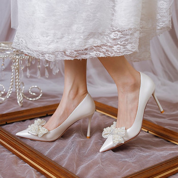 Rimocy Луксозни сватбени помпи с перлен бантик Дамски секси парти обувки на високи токчета Дамски копринени дамски помпи с остри пръсти с кристали