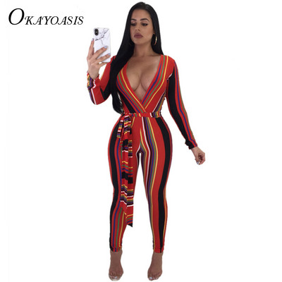 Mély V nyakú szexi Bodycon Jumpsuit Női Hosszú ujjú Egyrészes Tight Bodysuit Club Party Overall Csíkos Rompers Női Jumpsuit