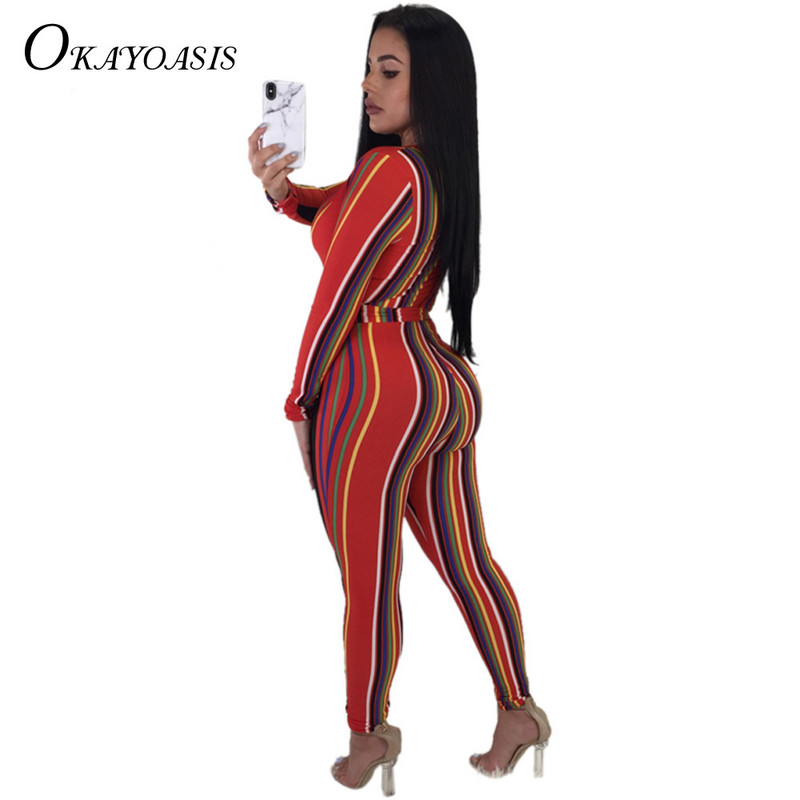 Seksi kombinezon s dubokim V izrezom Ženski kombinezon dugih rukava Jednodijelni uski bodi Klub Party kombinezon Prugasti kombinezon Ženski kombinezon