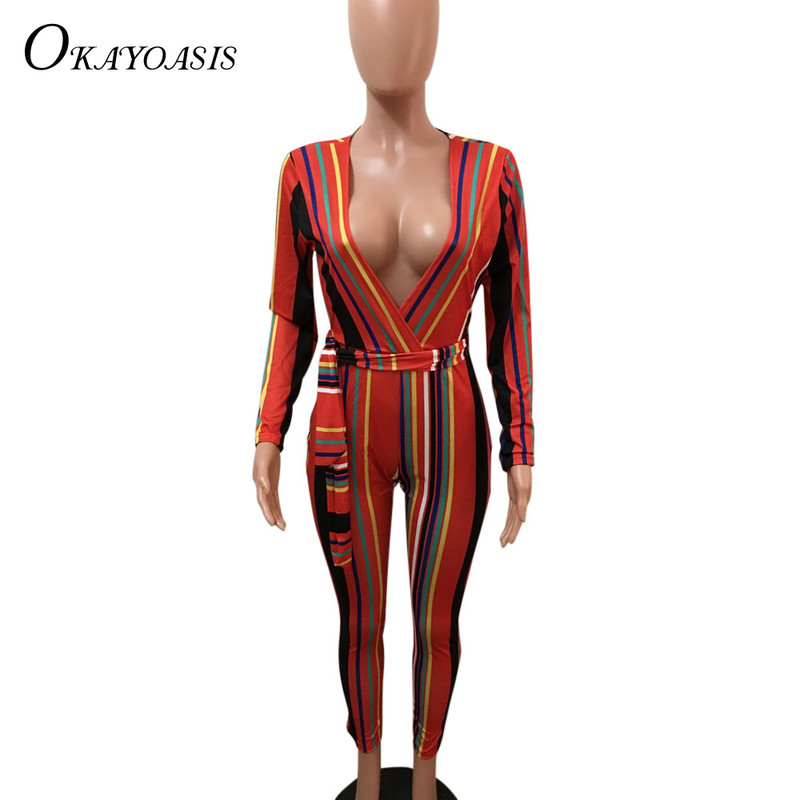 Seksi kombinezon s dubokim V izrezom Ženski kombinezon dugih rukava Jednodijelni uski bodi Klub Party kombinezon Prugasti kombinezon Ženski kombinezon