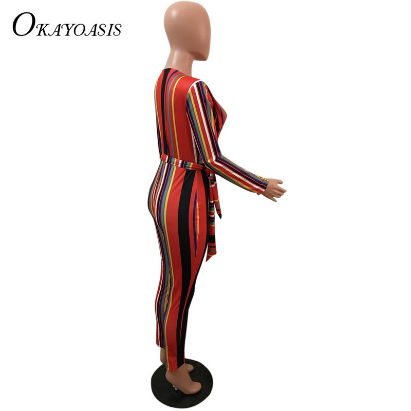 Seksi kombinezon s dubokim V izrezom Ženski kombinezon dugih rukava Jednodijelni uski bodi Klub Party kombinezon Prugasti kombinezon Ženski kombinezon