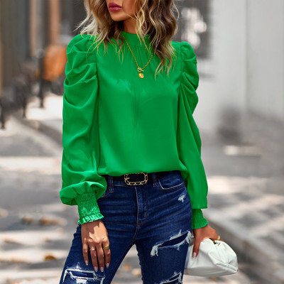 Dámske šifónové topy s dlhým rukávom na jar, jednofarebné, s okrúhlym výstrihom, skladané