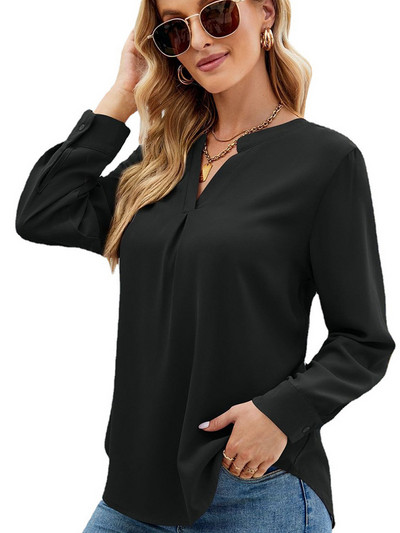 Dámske šifónové tričko s dlhým rukávom a výstrihom do V