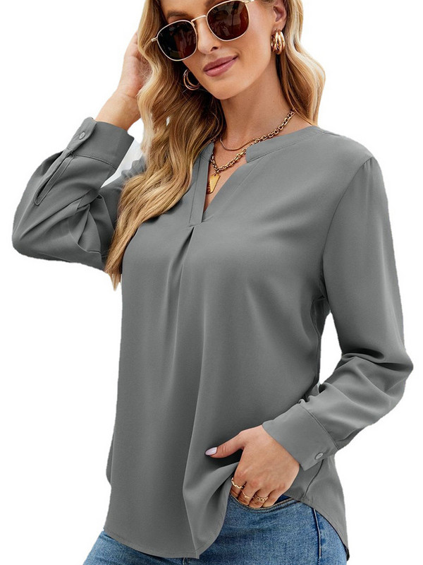 Dámske šifónové tričko s dlhým rukávom a výstrihom do V
