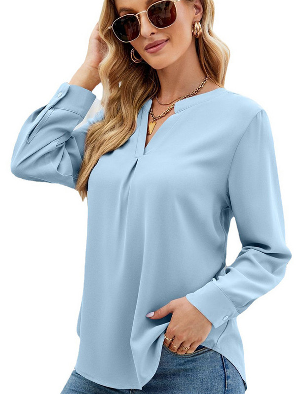 Dámske šifónové tričko s dlhým rukávom a výstrihom do V