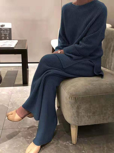Dámsky elegantný sveterový oblek, elegantný pletený dvojdielny set, jeseň/zima, nadrozmerný sveter a nohavice, dámske outfity 2022