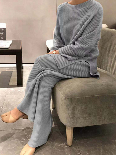 Dámsky elegantný sveterový oblek, elegantný pletený dvojdielny set, jeseň/zima, nadrozmerný sveter a nohavice, dámske outfity 2022