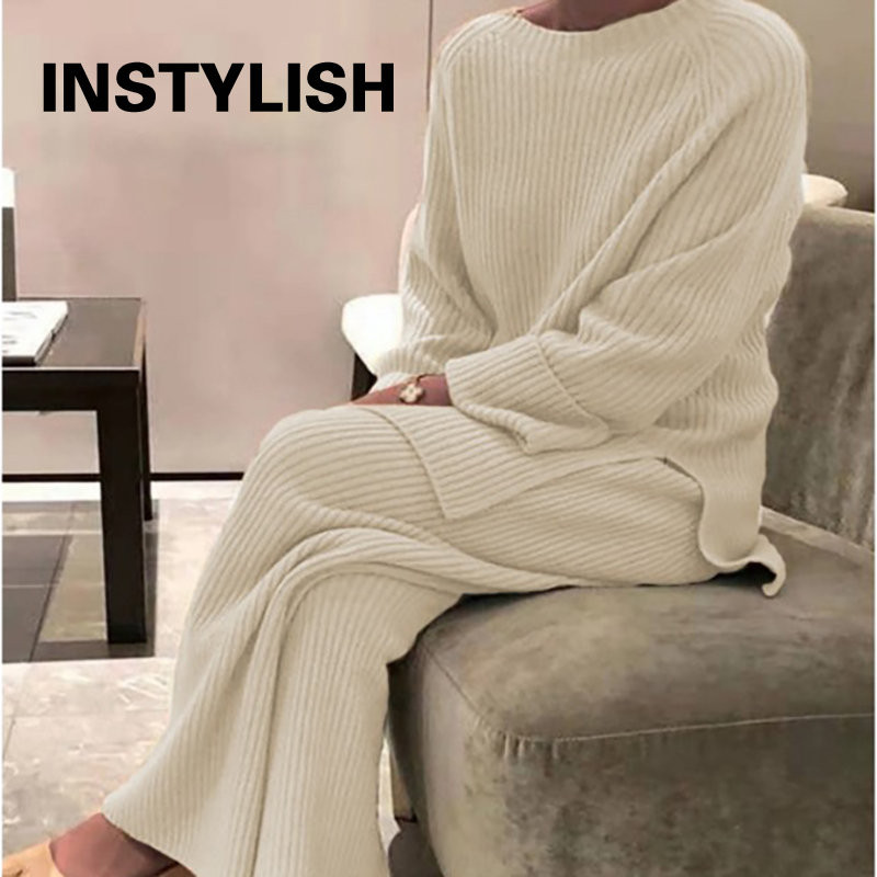 Dámsky elegantný sveterový oblek, elegantný pletený dvojdielny set, jeseň/zima, nadrozmerný sveter a nohavice, dámske outfity 2022