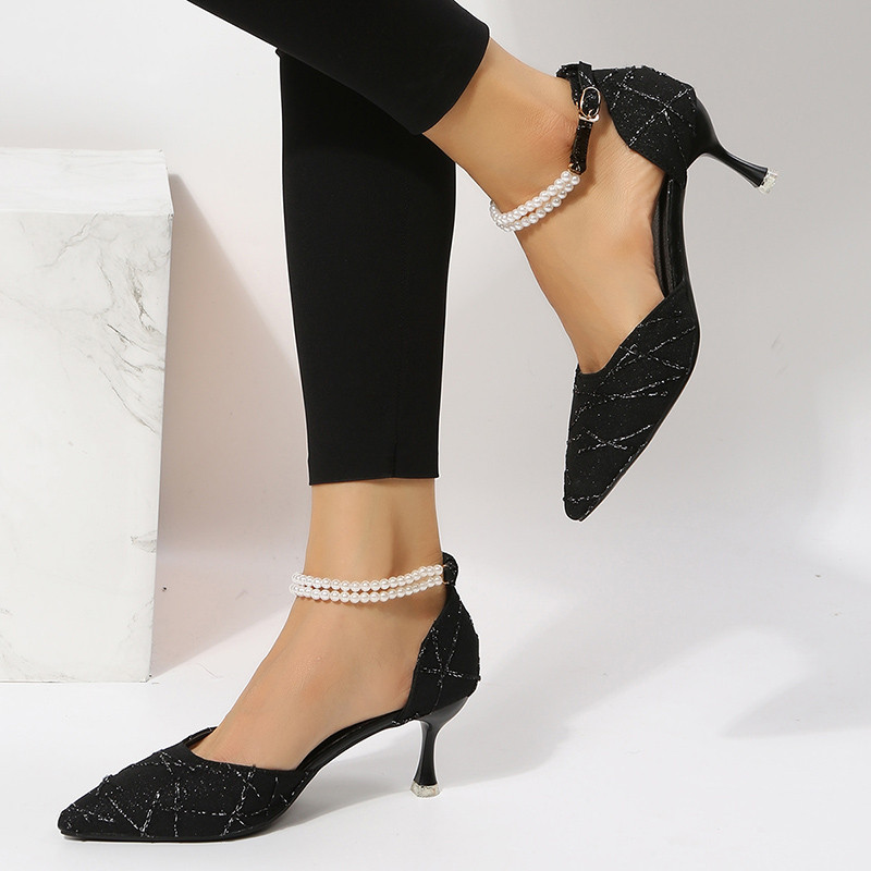 Dámske lodičky na tenkom podpätku s perleťovým remienkom okolo členku Rimocy, čierne, s ostrou špičkou, na vysoké podpätky, na svadobnú párty párty, 2023