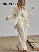 Elegantné bavlnené ľanové dvojdielne súpravy, košeľa s dlhým rukávom a nohavice s vysokým pásom, vintage jednofarebné obleky, dámske outfity, streetwear 2022