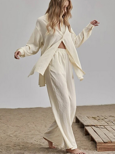 Elegantné bavlnené ľanové dvojdielne súpravy, košeľa s dlhým rukávom a nohavice s vysokým pásom, vintage jednofarebné obleky, dámske outfity, streetwear 2022