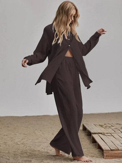 Elegantné bavlnené ľanové dvojdielne súpravy, košeľa s dlhým rukávom a nohavice s vysokým pásom, vintage jednofarebné obleky, dámske outfity, streetwear 2022