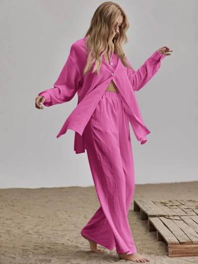 Elegantné bavlnené ľanové dvojdielne súpravy, košeľa s dlhým rukávom a nohavice s vysokým pásom, vintage jednofarebné obleky, dámske outfity, streetwear 2022