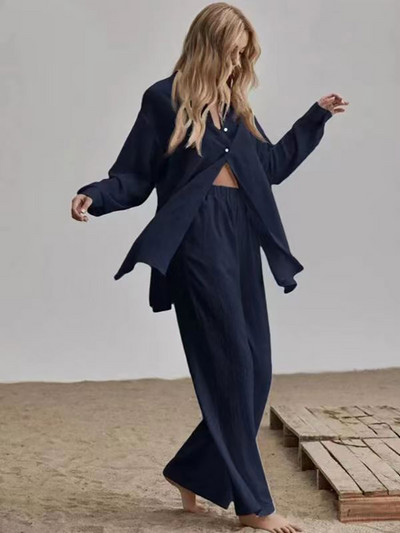 Elegantné bavlnené ľanové dvojdielne súpravy, košeľa s dlhým rukávom a nohavice s vysokým pásom, vintage jednofarebné obleky, dámske outfity, streetwear 2022
