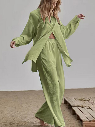 Elegantné bavlnené ľanové dvojdielne súpravy, košeľa s dlhým rukávom a nohavice s vysokým pásom, vintage jednofarebné obleky, dámske outfity, streetwear 2022