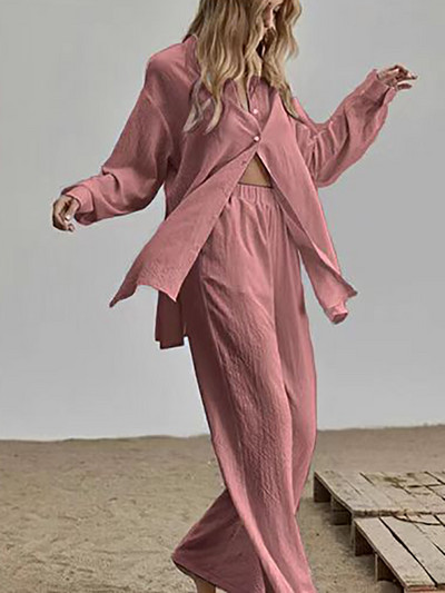 Elegantné bavlnené ľanové dvojdielne súpravy, košeľa s dlhým rukávom a nohavice s vysokým pásom, vintage jednofarebné obleky, dámske outfity, streetwear 2022