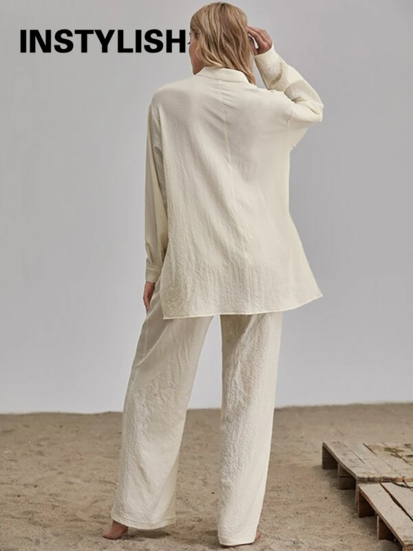 Elegantné bavlnené ľanové dvojdielne súpravy, košeľa s dlhým rukávom a nohavice s vysokým pásom, vintage jednofarebné obleky, dámske outfity, streetwear 2022