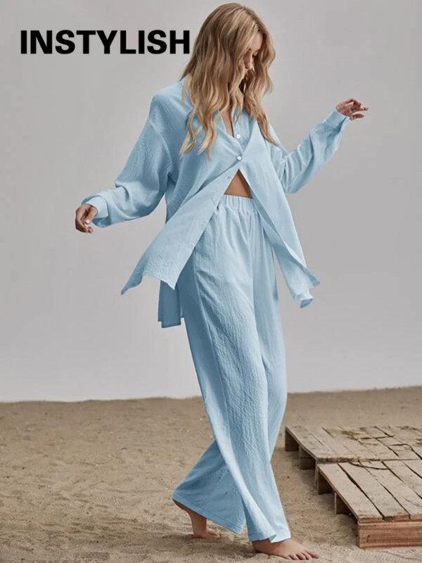 Elegantné bavlnené ľanové dvojdielne súpravy, košeľa s dlhým rukávom a nohavice s vysokým pásom, vintage jednofarebné obleky, dámske outfity, streetwear 2022