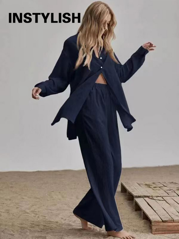 Elegantné bavlnené ľanové dvojdielne súpravy, košeľa s dlhým rukávom a nohavice s vysokým pásom, vintage jednofarebné obleky, dámske outfity, streetwear 2022