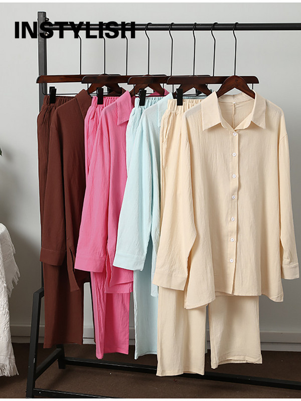 Elegantné bavlnené ľanové dvojdielne súpravy, košeľa s dlhým rukávom a nohavice s vysokým pásom, vintage jednofarebné obleky, dámske outfity, streetwear 2022