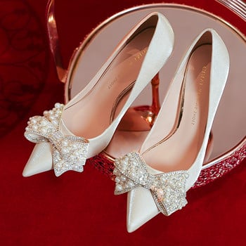 Γαμήλια γυναικεία παπούτσια με μαργαριταρένια παπιγιόν 2023 Σέξι μυτερές αντλίες στιλέτο με τακούνι Γυναικεία μπεζ σατέν ψηλοτάκουνα παπούτσια
