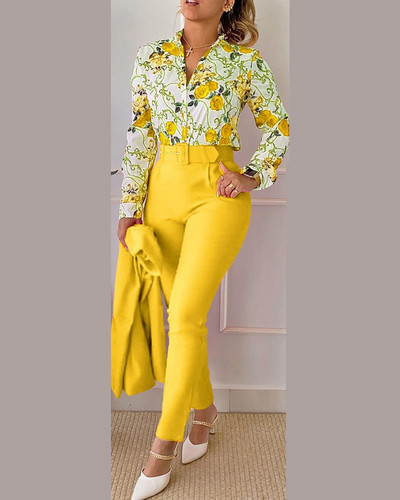 Set de pantaloni eleganti, cămașă cu mânecă lungă, pentru damă, la modă, ocazional, cu decolteu în V, pantaloni cu imprimeu floral, Set în două piese, ținută pentru femei 2023