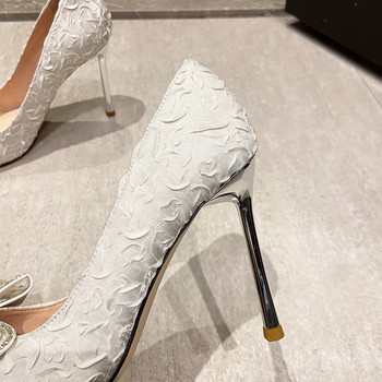 Rimocy Секси обувки на високи токчета Сватбени помпи Дамски дизайнерски луксозни перлени панделки Тънки високи обувки с остри пръсти Обувки за парти рокля Дамски