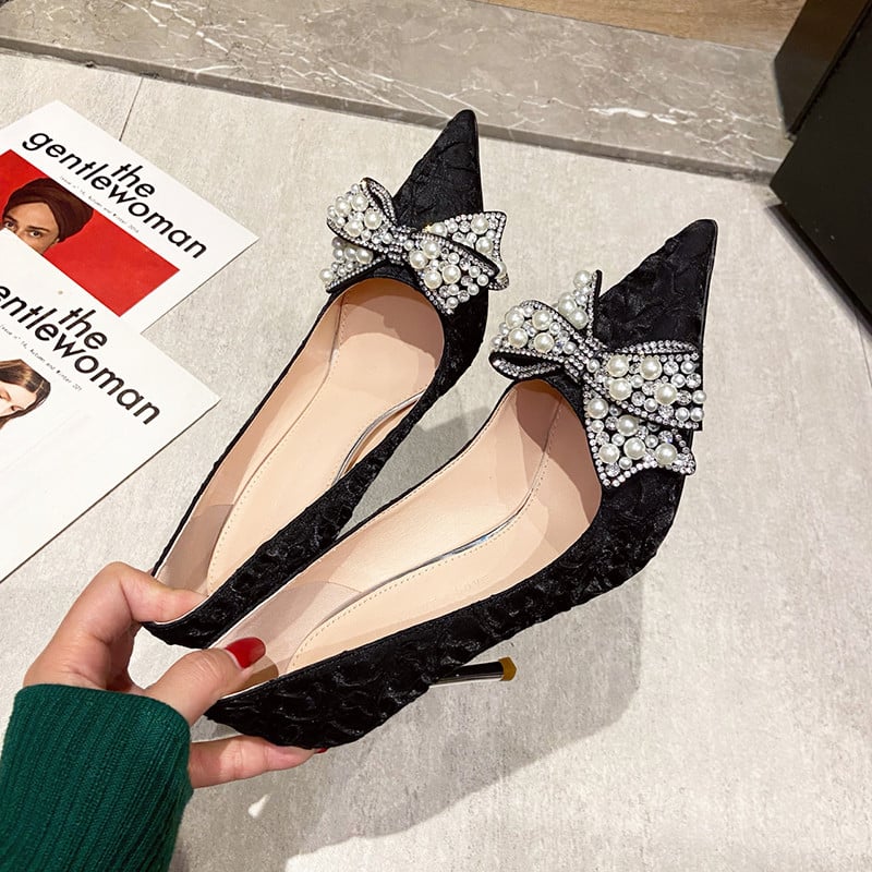 Rimocy szexi tűsarkúk esküvői pumpák női tervező luxus gyöngy masni vékony magassarkú hegyes orr buli ruha cipő nő