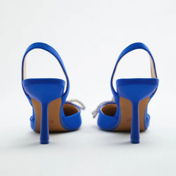 Дамски сини помпи на високи токчета с кристални панделки Обувки за парти рокля Дамски секси сандали с високи токчета с остри пръсти Лято 2023 г.