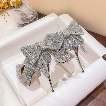 Сватбени обувки с блестящи пайети за жени Булка 2022 г. Елегантни обувки с тънки токчета с остри пръсти Дамски сребърни кристални високи токчета за дами