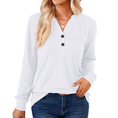 Ženske jednobojne široke majice dugih rukava s V-izrezom i gumbima