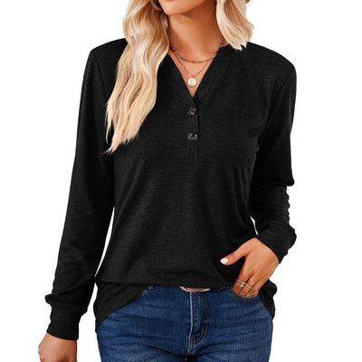 Ženske jednobojne široke majice dugih rukava s V-izrezom i gumbima