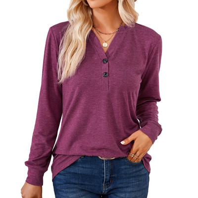 Ženske jednobojne široke majice dugih rukava s V-izrezom i gumbima