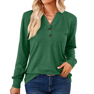 Ženske jednobojne široke majice dugih rukava s V-izrezom i gumbima