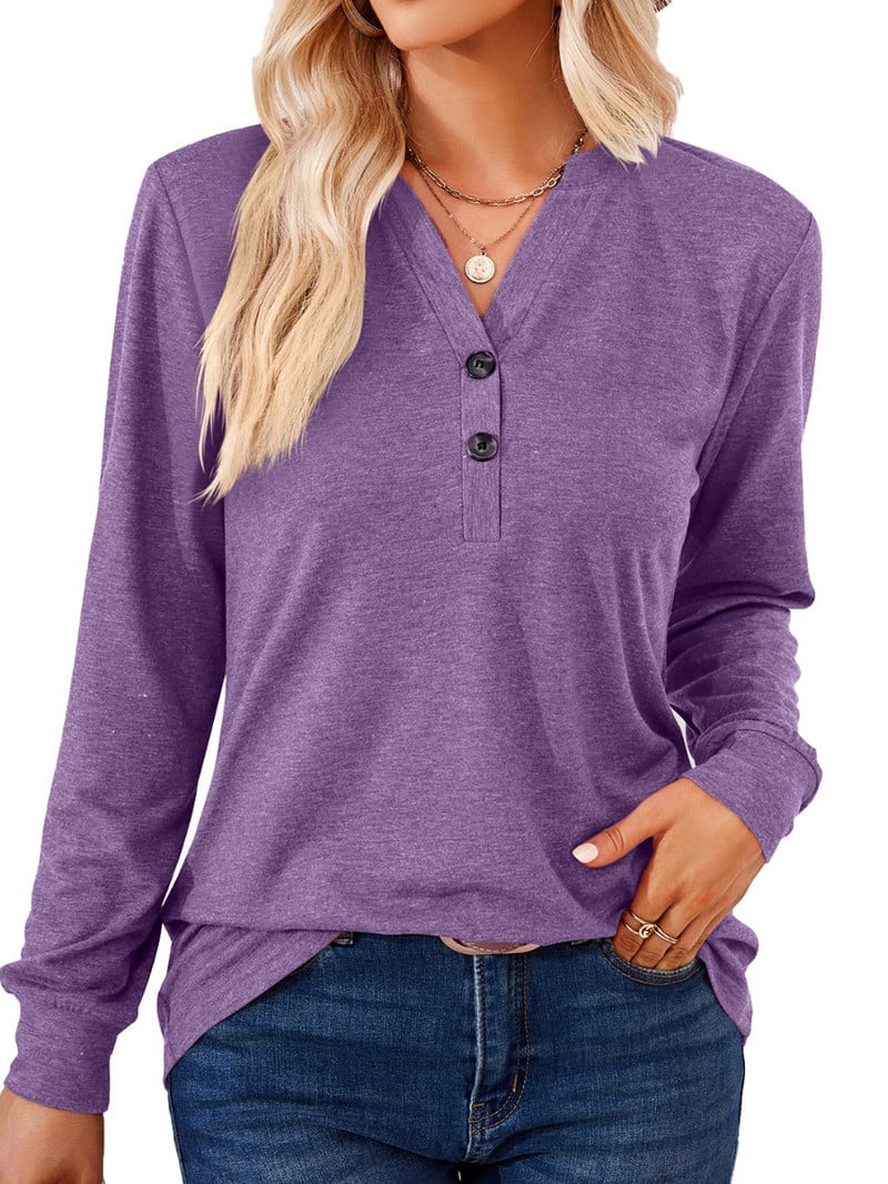 Ženske jednobojne široke majice dugih rukava s V-izrezom i gumbima