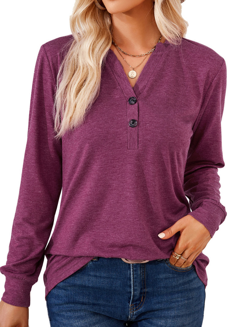 Ženske jednobojne široke majice dugih rukava s V-izrezom i gumbima