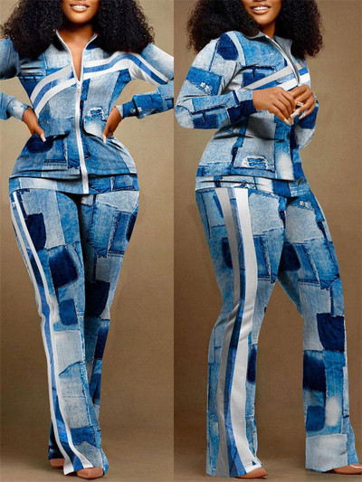 Proljeće Jesen Dvodijelni kompleti Ženski gornji kaput i hlače s geometrijskim printom na patentni zatvarač Odjevni predmeti Modne trenirke Ležerno elegantno odijelo