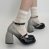 Pompe cu toc înalt din piele lăcuită de damă cu vârf rotund, cu toc gros, pantofi Mary Jane pentru femei 2023 pantofi eleganti cu curea la gleznă în culori mixte