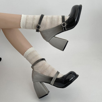Дамски лачени обувки с високи токчета Помпи с кръгли пръсти и масивен ток Обувки на Мери Джейн за жени 2023 г. Елегантни помпи с каишка на глезена в смесен цвят