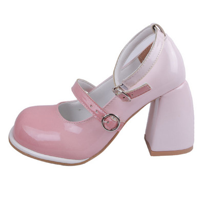 Pompe cu toc înalt din piele lăcuită de damă cu vârf rotund, cu toc gros, pantofi Mary Jane pentru femei 2023 pantofi eleganti cu curea la gleznă în culori mixte
