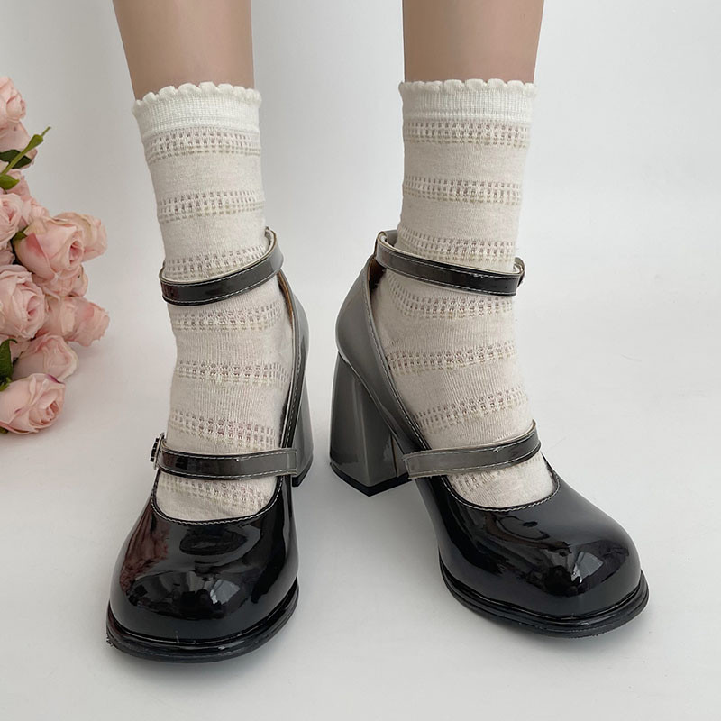 Pompe cu toc înalt din piele lăcuită de damă cu vârf rotund, cu toc gros, pantofi Mary Jane pentru femei 2023 pantofi eleganti cu curea la gleznă în culori mixte